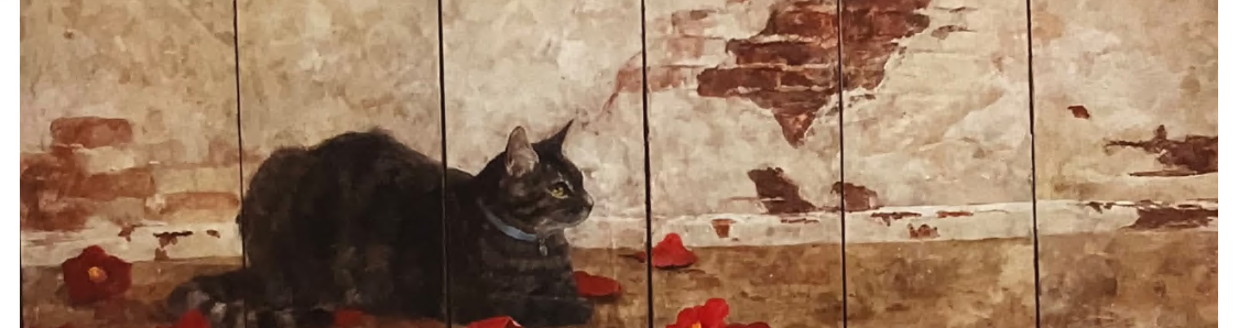 講師が制作した猫と椿のふすま絵